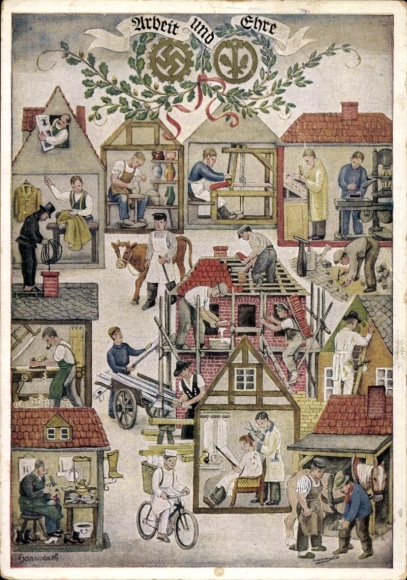 Künstler Ak Reichshandwerkertag 1936, Arbeit und Ehre, Friseur, Bäcker, Töpfer, Schornsteinfeger
