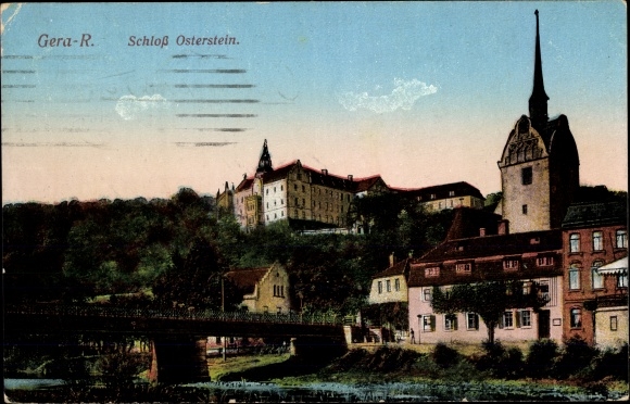 Ak Untermhaus Gera in Thüringen, kasteel Osterstein, brug, kerk
