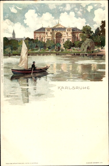 Artist Chromo-Litho Mutter, K., Karlsruhe in Baden, park, rowing boat