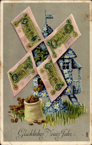 Embossed PC Happy New Year, windmill made of banknotes and forget-me-nots, coins