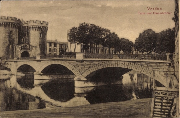 Postcard Verdun Meuse, tower, dam bridge, water, bridge, trees