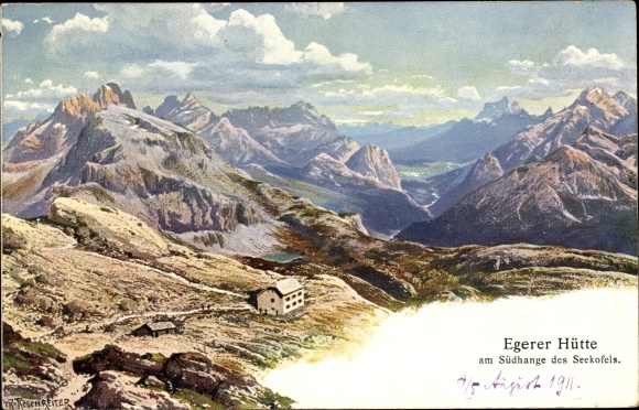 Artist Postcard Riesenreiter, R., Belluno Veneto, Egerer Hütte, view of the Hohe Gaisl, Cristallo