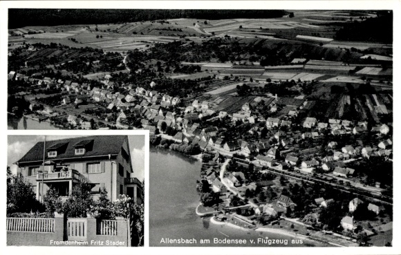 Ak Allensbach am Bodensee, Luftaufnahme von Allensbach, Fremdenheim Fritz Stader, Bodenseelandsch
