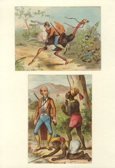 2 lacquer paintings, man/explorer riding on ostrich, man with 2 dark-skinned men, approx. 16 x 11