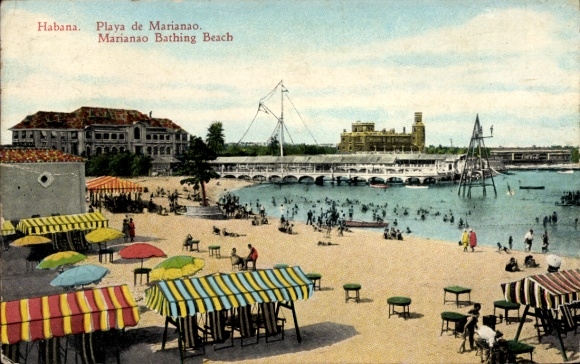 Postcard Havana Habana Cuba, Marianao beach, bathers, colorful umbrellas, water, boats