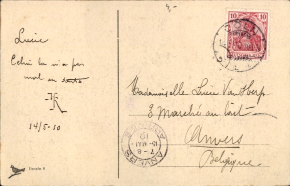 Postcard Fidele-Kiste, Zeppelin ride, man with beer glass and pipe, travel, dog, barrel