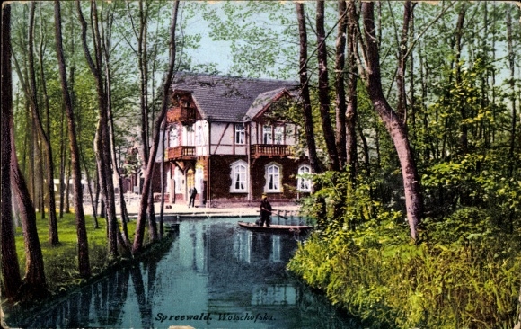 Ak Insel Wotschofska Lübbenau im Spreewald, Fachwerkhaus, Kahn