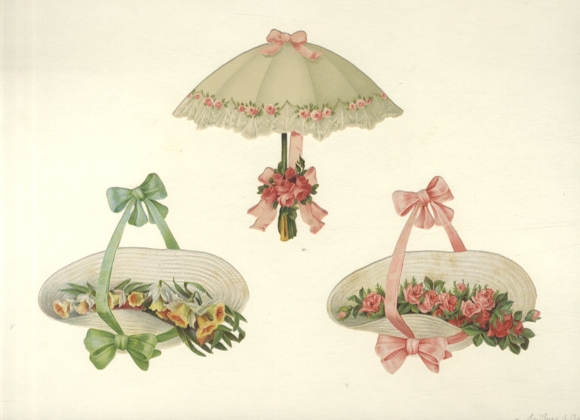 3 waflowe czapeczki z kokardkami i kwiatami, parasol z różami, każdy ok. 10 x 11 cm