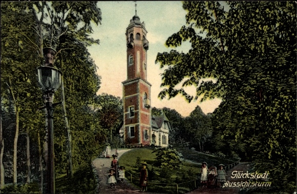 Ak Glückstadt an der Elbe, Aussichtsturm,  Bäume, Spaziergänger, 
