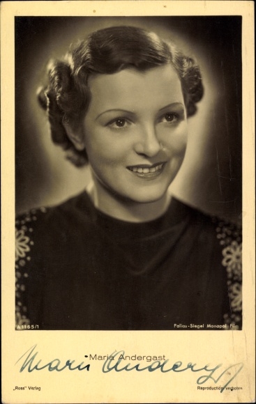 Postcard actress Maria Andergast, portrait, autograph