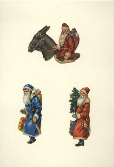 3 wafer Santa Clauses loaded with toys, mule, each approx. 10 x 4 cm and 7 x 9.5 cm
