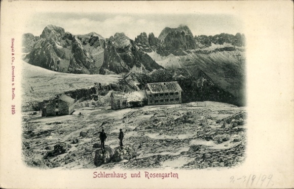 Relief Postcard Völs am Schlern Fiè allo Sciliar South Tyrol, Rifugio al Monte Pez, Schlernhaus, Rosengarten