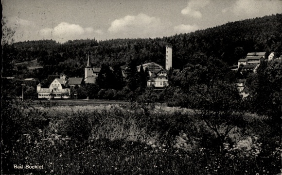 Postcard Bad Bocklet in Lower Franconia, partial view, church tower