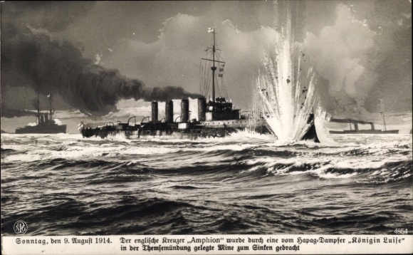 Postcard English cruiser Amphion sunk by sea mine, steamer queen Luise, HAPAG