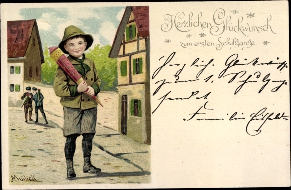 Artist Chromo-Litho Mailick, congratulations on school enrolment, boy with a bag of sugar