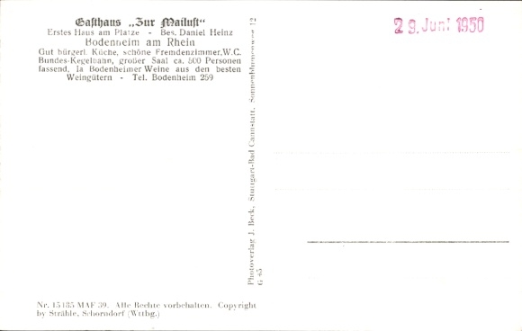 Postcard Bodenheim in Rheinhessen, aerial photograph, Gasthaus zur Mailust