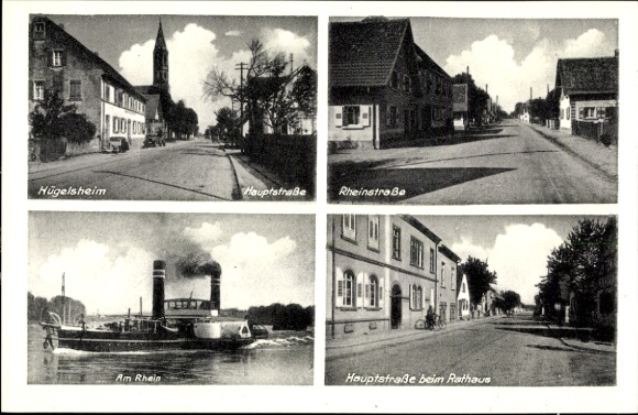 Postcard Hügelsheim Kr. Rastatt, steamer on the Rhine, main street, town hall, Rheinstrasse