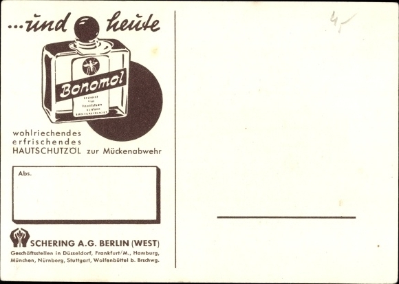 Postcard mosquito repellent in the olden days, advertising, Bonomol skin protection oil