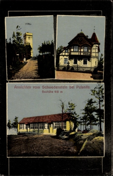 Ak Schwedenstein bij Pulsnitz, Drie uitzichten op de Schwedenstein, toren, gebouw, boslandschap