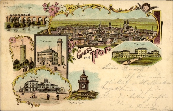 Litho Hof in Oberfranken, Unterholzauer Brücke, Rathaus, Labyrinth, Post, Bahnhof, Thomashöhe