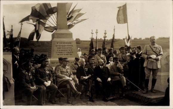 Photo Postcard French officers, war memorial, festival, flag, propaganda