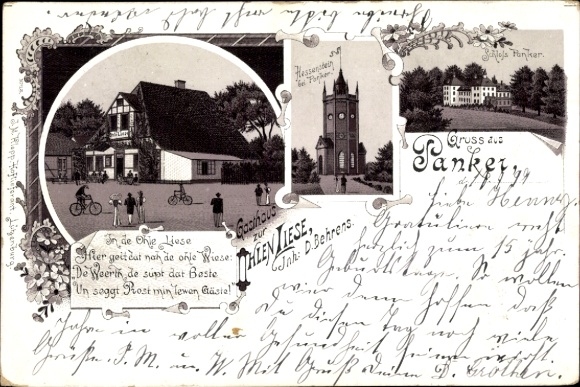 litho Panker aan de Oostzee, Gasthaus zur Ohlen Liese, eigenaar D. Behrens, kasteel, Hessenstein