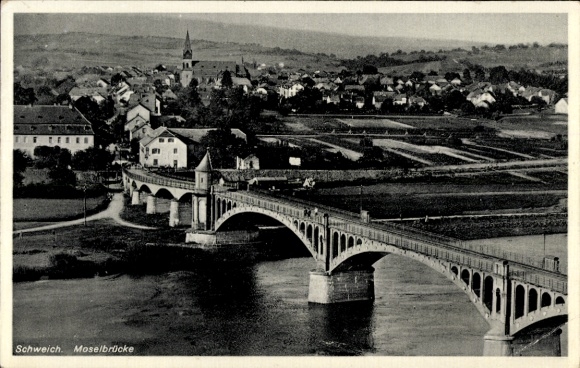Postcard Schweich on the Moselle, panorama, Moselle bridge