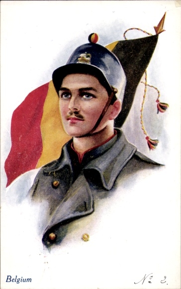 Künstler Ak Belgischer Soldat, Portrait in Uniform, Belgische Flagge