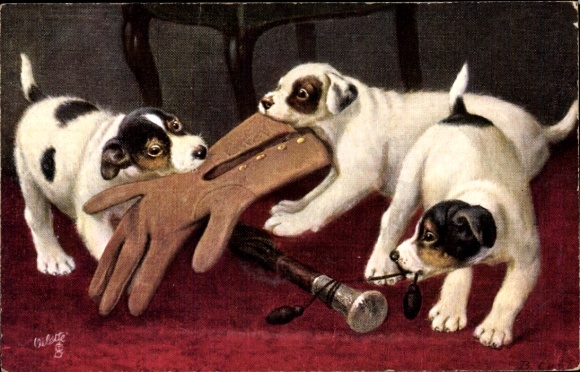 Artist Postcard dogs with glove in mouth, puppies