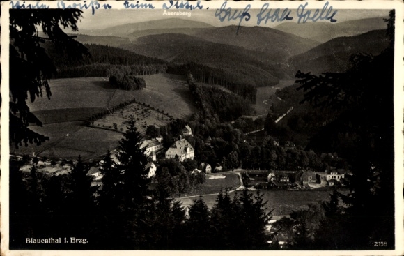 Postcard Blauenthal Eibenstock in the Ore Mountains, Parkhotel Forelle from a bird&#39;s eye view, forests