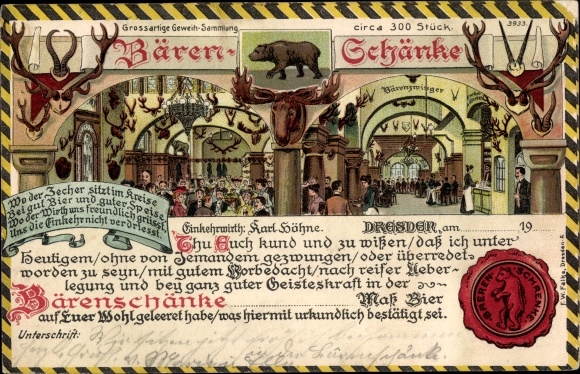 Chromo-Litho Dresden, antler collection of the Bärenschänke, landlord Karl Höhne, seal
