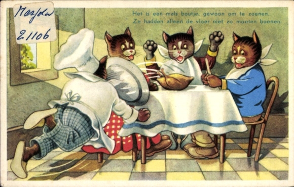 Postcard Humanized Cats, Cook Falls with Roast