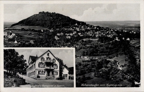 Postcard Hohenstaufen Göppingen in Württemberg, Hohenstaufen from the plane, Gafthof and butcher shop z. L