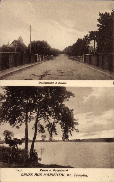 Postcard Marienthal Zehdenick in the Mark, part of the street, church, beach