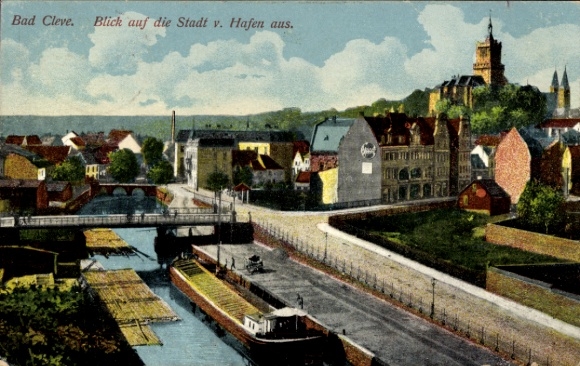 Ak Bad Cleve Kleve am Niederrhein, Stadtansicht von  Hafen, Brücke, alte Gebäude