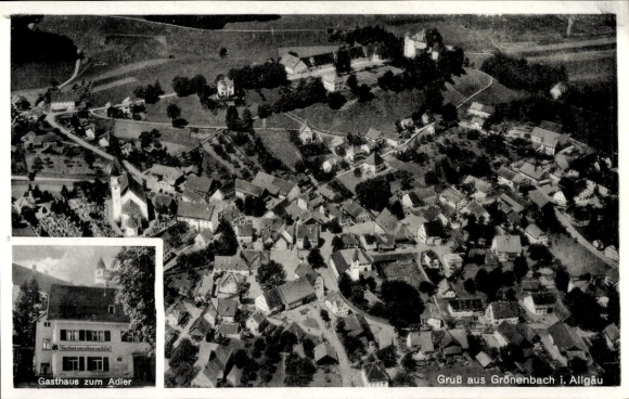 Postcard Bad Grönenbach in Allgäu, aerial photograph, Gasthaus zum Adler, owner M. Hafner