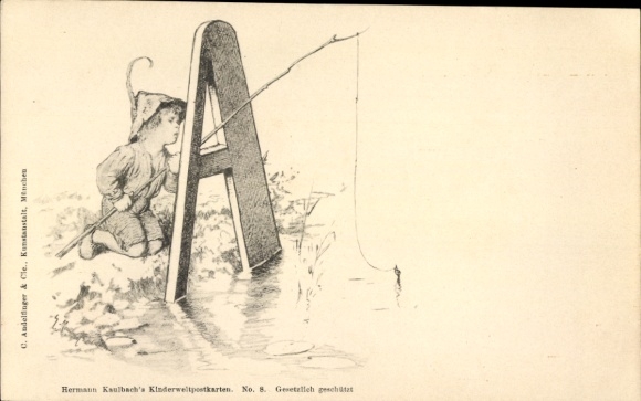 Artist Postcard Kaulbach, Hermann, Boy with Fishing Rod, Letter A