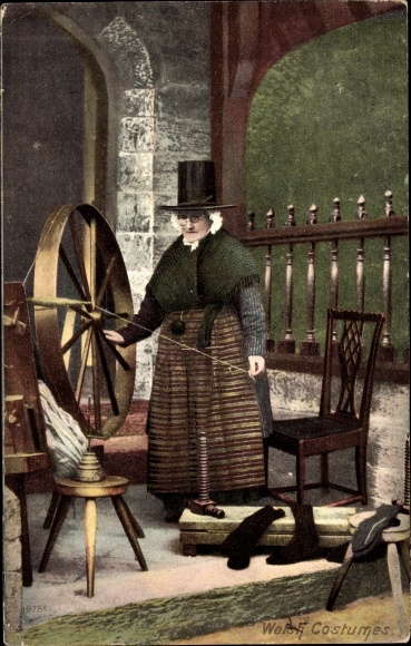 Postcard Wales, Welsh Costumes, Woman in costume, spinning wheel