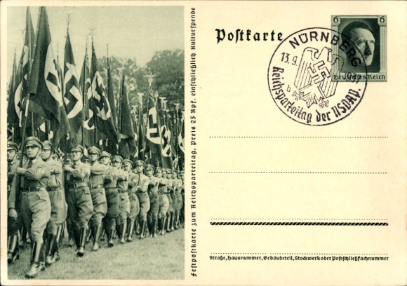 Postal stationery Postcard Nuremberg, Reich Party Rally of the NSDAP 1937, SA