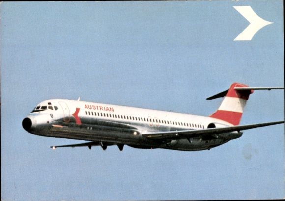 Postcard Austrian Airlines, Douglas DC 9 51, Austrian passenger aircraft