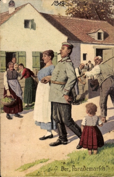 Artist Postcard The Parade March, Soldier strutting with wife through the village, Always an expert, I.WK