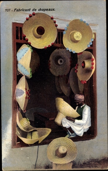 Postcard Fabricant de chapeaux, Arabic hat maker, Lehnert &amp; Landrock 707, Maghreb