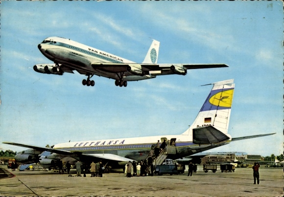 Postcard Düsseldorf Airport, passenger aircraft Lufthansa, Pan American