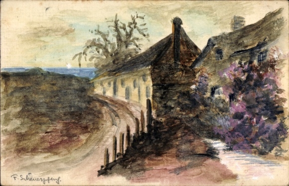 Hand-painted artist Postcard village party, residential houses