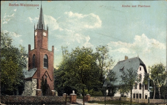 Postcard Berlin Weißensee, Church and Rectory