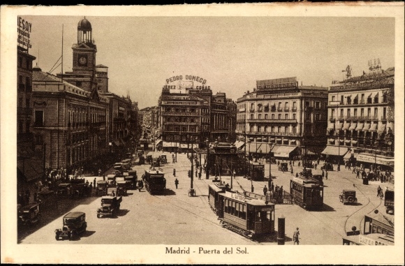 Postcard Madrid Spain, Puerta del Sol, Tram, Cars, Pedro Domeco