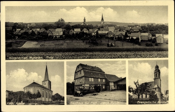 Postcard Dickenschied im Hunsrück, Panorama, Catholic Church, Ev. Church, Inn zur Post