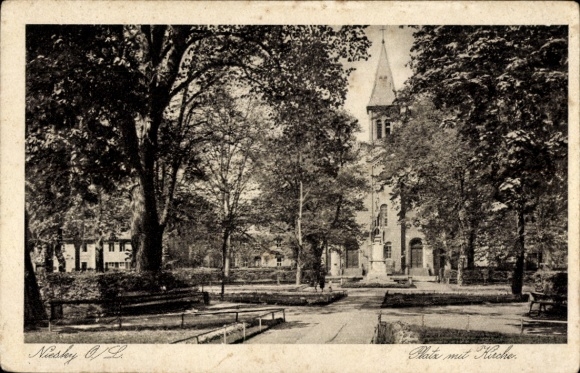 Postcard Niesky in Upper Lusatia, square with church, trees, architecture