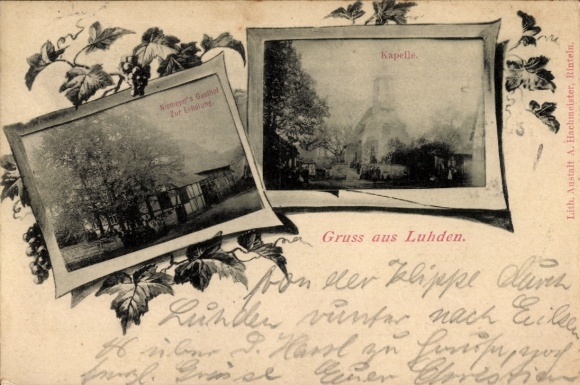 Postcard Luhden in Schaumburger Land, Chapel, Niemeyer´s Gasthof Zur Erholung