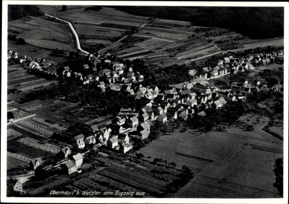 Postcard Oberndorf (near Braunfels) Solms Hesse, aerial view of Oberndorf, Gasthaus Gambrinus, rural